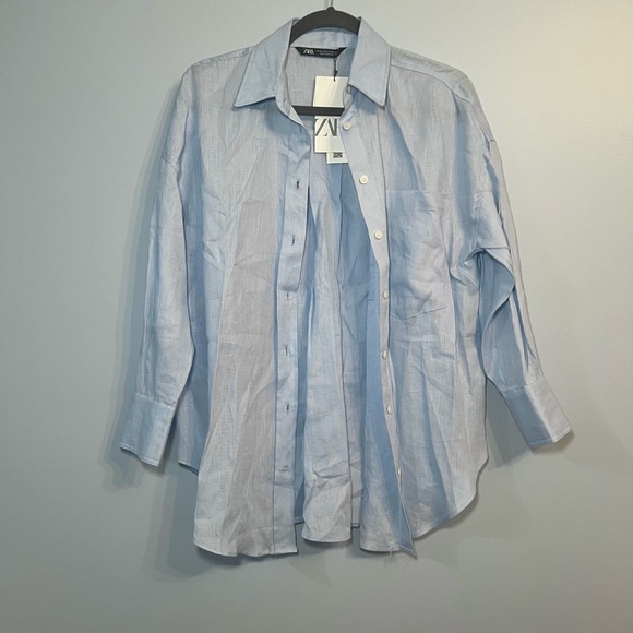 Zara Blue Linen Oversized Button Up Shirt - Picture 1 of 3